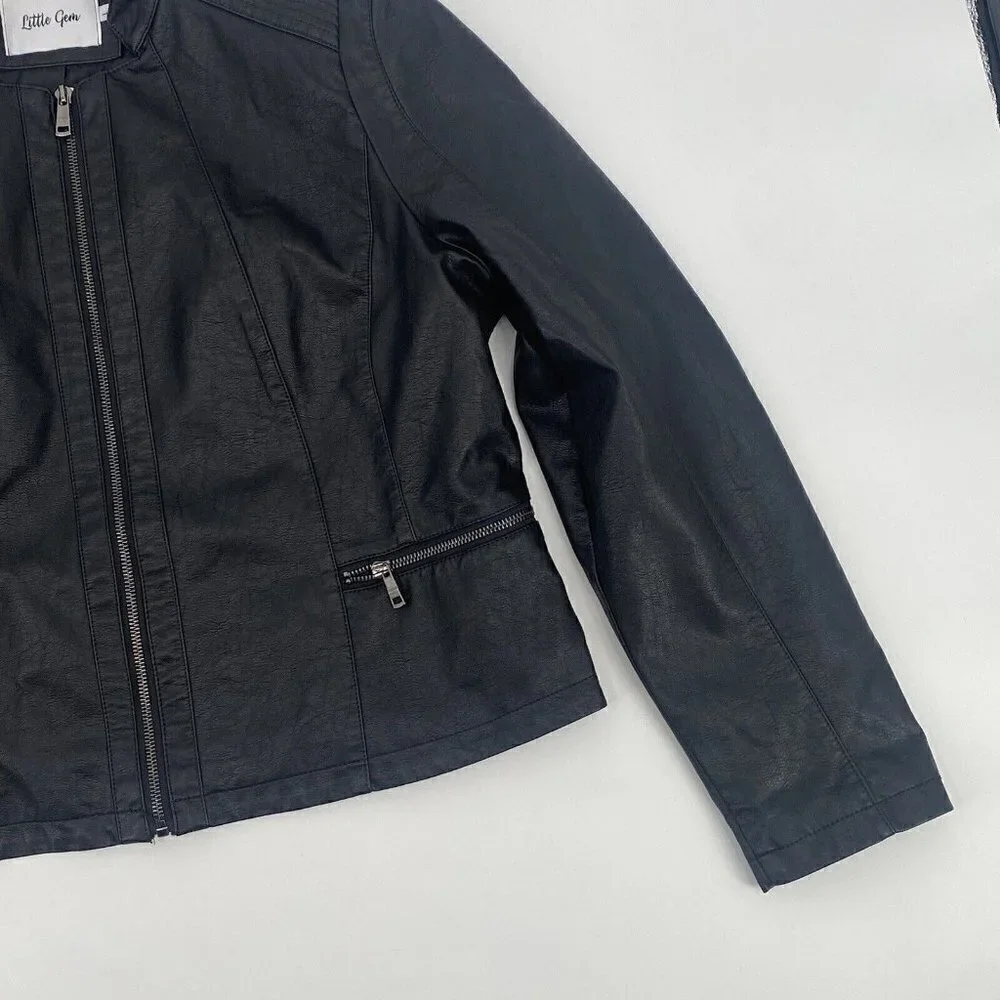 Black Vegan Faux Leather Zip Up Moto Jacket Grunge Little Gem Women's Size Large